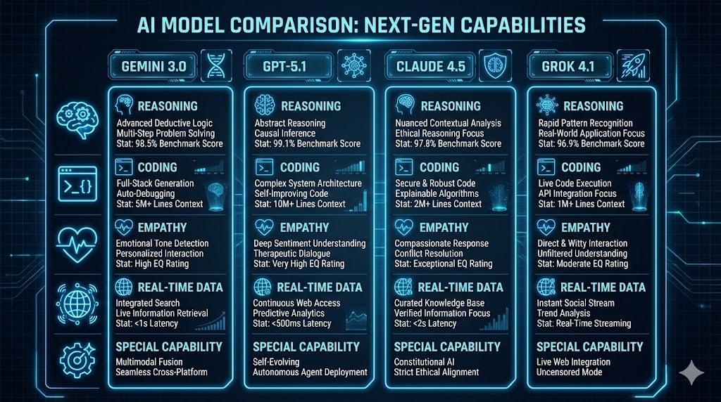 AI Model Comparisons - Gemini vs GPT 5 vs Claude 4.5 vs Grok 4.1